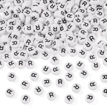Imagem de FASHEWELRY 500 contas de acrílico letra R 7 x 4 mm a granel contas planas redondas do alfabeto contas maiúsculas para pulseiras da amizade colar brinco fabricação de joias branco preto