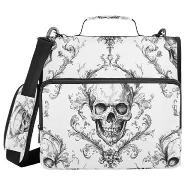 Imagem de SEHANY Fichário com zíper de caveira com alça de ombro, capacidade para 500 folhas, vários bolsos, fichário com 3 anéis com zíper de 3 cm