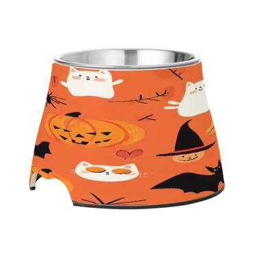 Imagem de Blueangle Tigelas elevadas para cães com aço inoxidável - Prato antiderrapante de 2,3 xícaras para animais de estimação de alta capacidade para saúde da coluna e design de vassoura de Halloween (231)