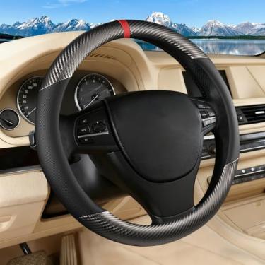 Imagem de Capa de volante de couro de fibra de carbono preto e cinza, couro de microfibra, antiderrapante, respirável, ajuste universal para capa de volante de 36,8 a 38 cm para homens e mulheres