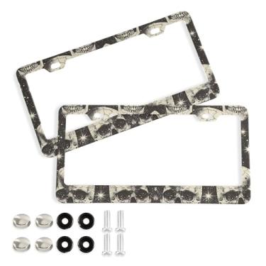 Imagem de SEHANY Molduras de placa de carro vintage rosa crânio, capas de alumínio à prova de ferrugem com furos elípticos e parafusos serve para veículos padrão dos EUA tamanho acessórios de carro para