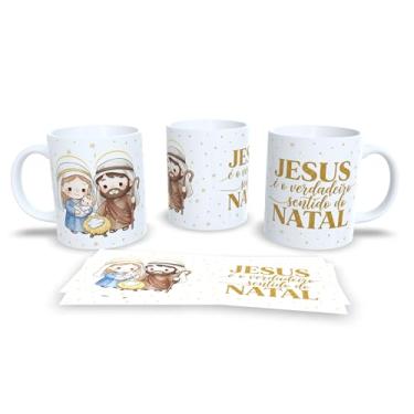 Imagem de Caneca Natalina com Presépio, Jesus O Verdadeiro Sentido do Natal, Cerâmica Branca, Decoração Religiosa com Arte Dourada, 325ml (23172)