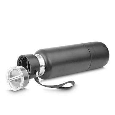 Imagem de Garrafa Térmica Inox 500ml com Porta Comprimidos e Copo – Parede Dupla, Vedação Anti Vazamento, Compartimento Extra e Mosquetão – Preta (preto)