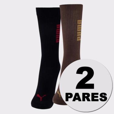 Imagem de Kit Meia Puma Esportiva Cano Longo 2 Pares Preta e Marrom, 39-43