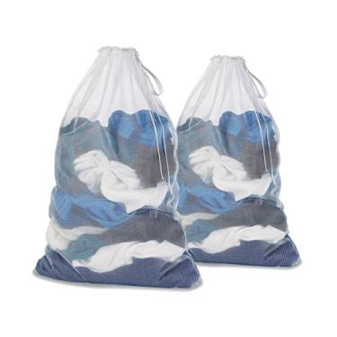 Imagem de Saco de roupa de malha com cordão para delicados, máquina de lavar, viagens, faculdade, roupas sujas/rede tamanho grande resistente reutilizável porta dobrável/roupa branca 2 pacotes