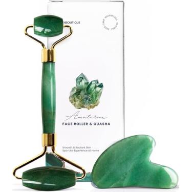 Imagem de ROSELYNBOUTIQUE Ferramentas faciais Gua Sha e rolo facial para cuidados com a pele natural sem rugas, rolo de jade, ferramenta guasha para massageador facial (Aventurina)