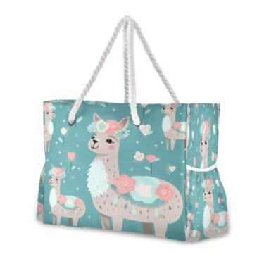 Imagem de Wassud Bolsa de praia linda alpaca grande bolsa de praia para mulheres, impermeável, à prova de areia, bolsa de viagem com zíper e bolso para piscina, academia, acampamento