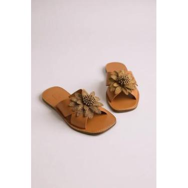 Imagem de Sandalia Rasteira Feminina Com Flor Dourada Marrom Linho - ANA FLOR, C