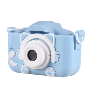 Imagem de Câmera Digital Infantil Portátil Design de Gatinho Recrregável Tela LCD Jogos e Vídeo HD 32GB Capa Antichoque Para Crianças 4-12 Anos (Azul)