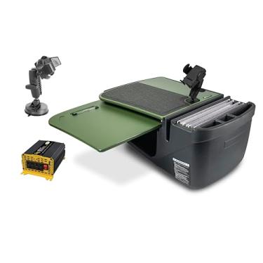 Imagem de AutoExec Mesa de carro GripMaster para sua estação de trabalho de veículos e escritório móvel, verde exército, com inversor de potência de 400 watts, suporte para telefone e sucção para telefone