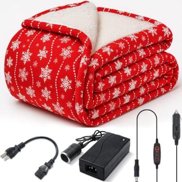 Imagem de Retisee Cobertor de Natal aquecido para carro macio com estampa de Natal cobertor de flanela com 3 níveis de aquecimento 12 volts elétrico para o inverno, casa, trabalho, cama, acampamento e presente