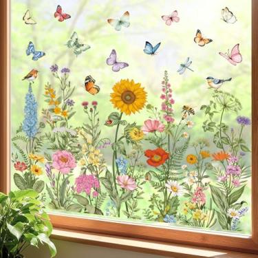 Imagem de decalmile Adesivos vintage primavera verão flores silvestres dupla face jardim flor borboleta pássaros anticolisão portas de vidro adesivos adesivos de janela