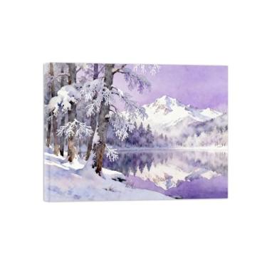 Imagem de Arte de parede paisagem imagem em tela - neve montanha árvore lago decoração moderna pintura impressão para sala de estar pronto para pendurar 40x50cm16x20in tela embrulhada