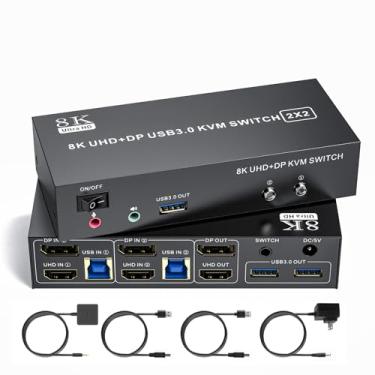 Imagem de Interruptor 8K UHD+DP USB3.0 KVM 2x2, switch DisplayPort de monitor duplo com USB 3.0, comutador KVM de 2 portas, inclui cabos