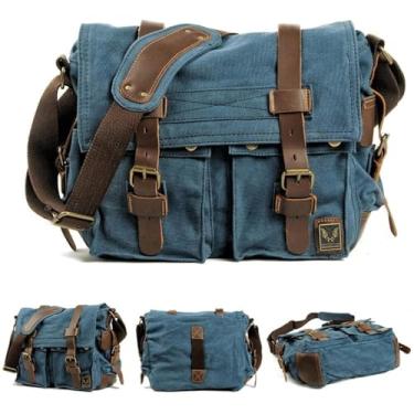 Imagem de Bolsa Messenger de Couro Genuíno Vintage e Lona Transversal Grande para Ombro Trekking Acampamento Viagem Notebook