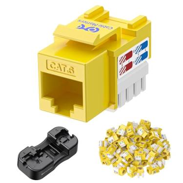 Imagem de [Listado na UL] Cable Matters, pacote com 25 conectores Keystone Cat6 de 10 Gbps, conector Keystone RJ45, conector modular Ethernet em amarelo com suporte perfurado para painel de remendo e placa de