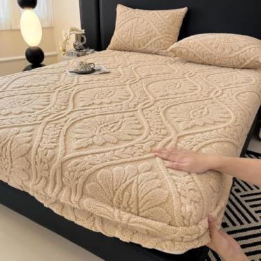 Imagem de Capa de colchão elástica de veludo macio, protetor de colchão quente e espesso, tecido respirável para decoração de cama e conforto - cáqui | 200 x 220 cm