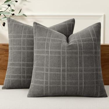 Imagem de MIULEE Capas de almofada decorativas de linho xadrez Lumar Neutro Farmhouse Vintage 45,7 x 45,7 cm Conjunto de 2 Boho Decoração de Casa Moderna para Sofá Sofá Quarto Almofada Cadeira Cinza Carvão