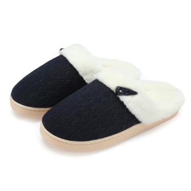 Imagem de Pantufas femininas confortáveis de espuma viscoelástica felpudas e quentes forro de pelúcia antiderrapante para uso interno e externo para quarto, Azul marino, 7-8