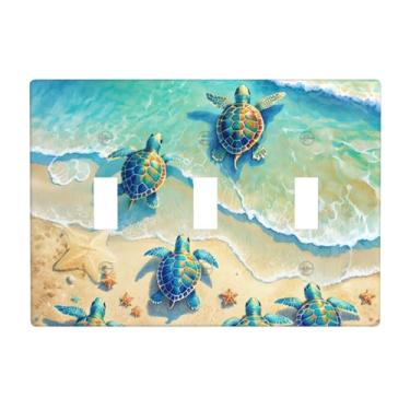 Imagem de Capa para placa de parede com interruptor triplo tartaruga de praia 3 gangues placa decorativa para banheiro quarto cozinha sala decoração placa de parede 11,4 x 16,2 cm