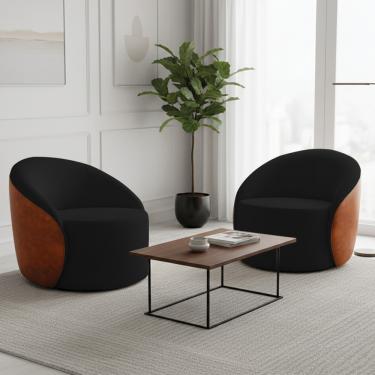 Imagem de Poltrona Sala Orgânica Kit 2 Lua Fixa Sintético PU Nozes/Bouclê Preto D03 - D'Rossi