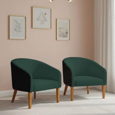 Imagem de Poltrona Sala Kit 2 Stella Pé Madeira Trapézio Sintético PU Preto Bouclê Verde D03 - D'Rossi