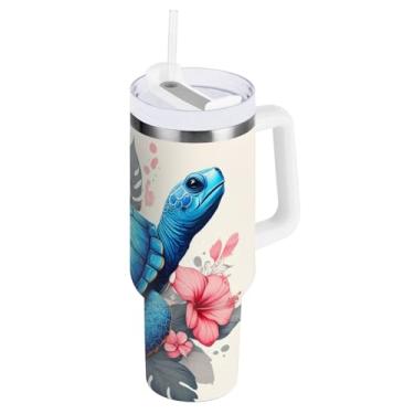 Imagem de Copo com isolamento duplo de 1,134 g com alça e palha, copo de viagem com isolamento de flores de tartaruga azul