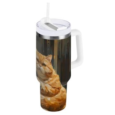 Imagem de Garrafa de água isolada para levantamento de peso para gatos de 1,134 g com alça e canudo, copo com isolamento duplo com tampa 2 em 1