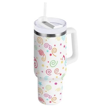Imagem de ODAWA Copos grandes isolados de viagem com alça e tampa de palha, copo colorido à prova de vazamento de confetes