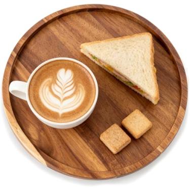 Imagem de Bandeja redonda de madeira, bandeja decorativa de madeira de acácia de 35 cm, tábua de charcutaria versátil, bandeja de comida para mesa de café, otomano, festas, cor de madeira natural