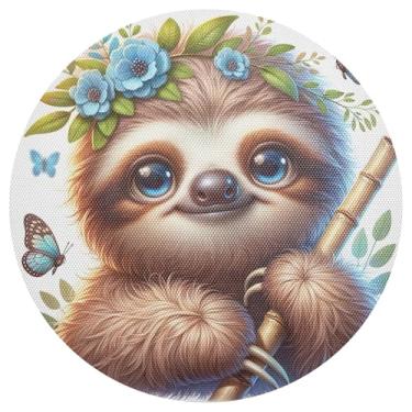 Imagem de Jogo americano fofo círculo azul preguiça conjunto de 1 tapete de mesa de PVC 38 cm para mesa de jantar à prova de calor para festa de Natal