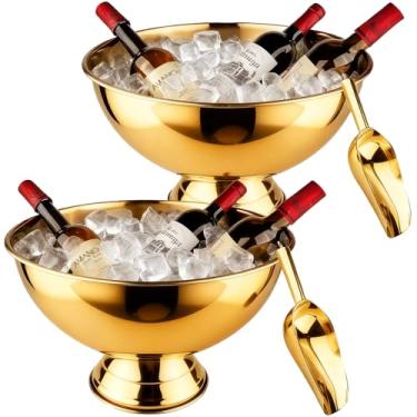 Imagem de Balde de gelo grande de aço inoxidável 13L, tigela de champanhe, balde de gelo com semicírculo de colher de gelo, banheira de bebida com base integrada para festas, bar de coquetel, (2 pacotes, ouro)