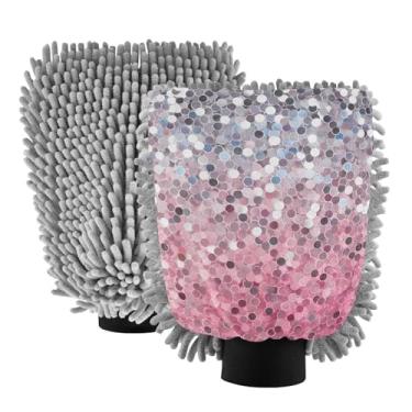 Imagem de ODAWA Luvas de lavagem de carro gradiente rosa roxo dourado prata 2PK para canhão de espuma, tamanho médio 19 x 26 cm