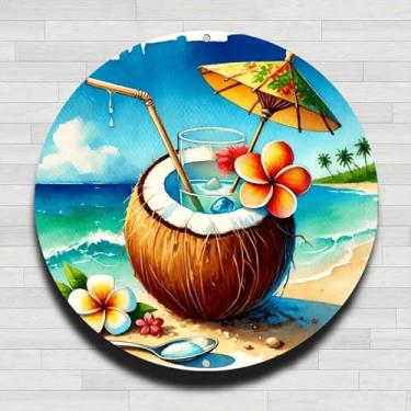 Imagem de Coquetel de coco na praia com palmeiras vintage rústico alumínio metal redondo placa de parede, 20 cm presentes internos e externos e decoração para casa, escritório, café e quintal