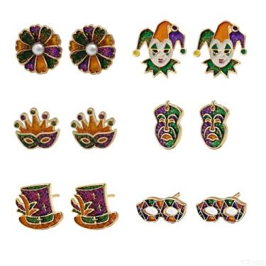 Imagem de coadipress 3-6 pares de brincos de carnaval, moderno, roxo, verde, amarelo, coroa, máscara, coração, glitter, carnaval, festa de carnaval, joias de férias, Small, Liga de aço, Sem pedra preciosa
