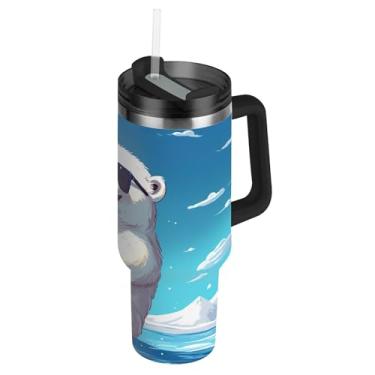 Imagem de Copos de urso polar de desenho animado com tampa e canudo grande copo de 850 g com alça garrafas de água isoladas caneca de café quente de aço inoxidável para carro