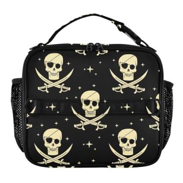 Imagem de Joisal Lancheira preta personalizada de caveiras de pirata com ossos cruzados para mulheres e meninas, alça de ombro ajustável, lancheira masculina e infantil para trabalho, linda bolsa com isolamento