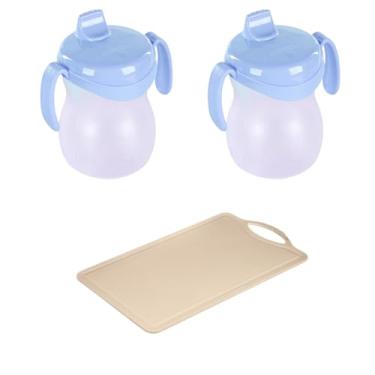 Imagem de Conjunto de 1 Tábua Bege Plástica de Corte para Alimentos + 2 Copo Infantil Atóxico de Plástico Azul 310ml