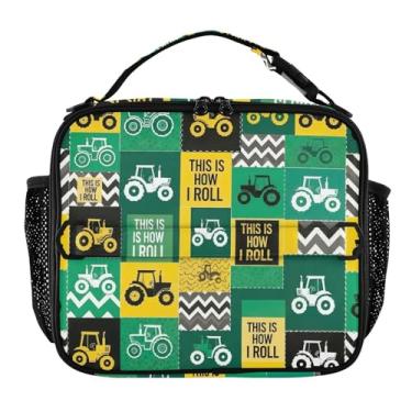 Imagem de Joisal Lancheira com estampa de tratores verdes amarelos para mulheres, meninas, lancheira masculina e infantil, lancheira para trabalho, bolsa térmica portátil para adultos