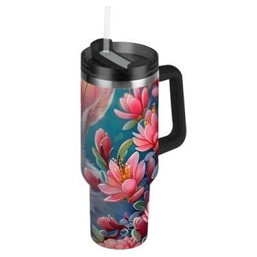 Imagem de Joisal Coelho branco flores rosa copos com tampa e canudos copo à prova de vazamento carros copo com alça 1,134 g garrafas de água isolada de aço inoxidável garrafa de água cabe no copo do carro