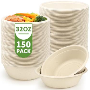 Imagem de KisSealed Pacote com 150 tigelas de papel descartáveis grandes, tigelas compostáveis resistentes de 947 ml, tigelas de servir para festas, recipiente para salada, sobremesa e sopa quente