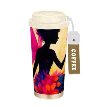Imagem de TSENQUE Caneca de café de viagem 16+ Oz, copo de café com revestimento cerâmico com canudo e tampa, copo isolado a vácuo de aço inoxidável, flor de asas rosa fada
