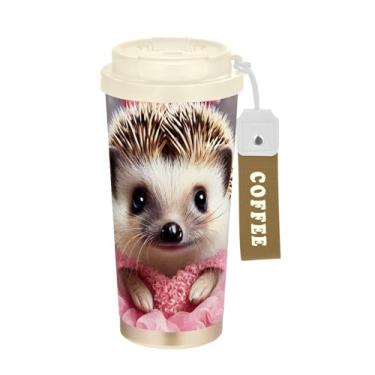 Imagem de TSENQUE Bonito animal ouriço rosa, caneca de café de viagem de 473 ml com canudo e tampa de filme, copo de parede dupla isolado a vácuo com revestimento cerâmico para escritório, escola, festa