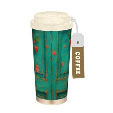 Imagem de Porta azul-petróleo velha rosas vermelhas, caneca de viagem de café 41 onças com canudo e tampa de filp, copos de parede dupla isolados a vácuo com revestimento cerâmico para escola, escritório, festa
