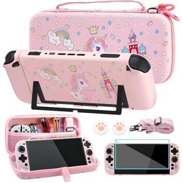 Imagem de FUNDIARY Estojo de viagem rosa para Nintendo Switch 2 com design de unicórnio, kit de acessórios com linda bolsa de armazenamento portátil, capa protetora acoplável, protetor de tela, alça de ombro e