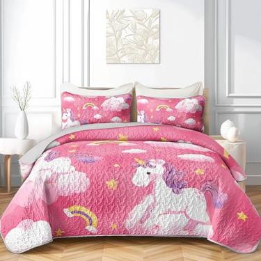 Imagem de AILONEN Conjunto de colcha de unicórnio tamanho king, colcha de cama de unicórnio rosa com desenho animado de unicórnio e nuvem, 3 peças de roupa de cama de fada sonhadora para decoração de quarto de