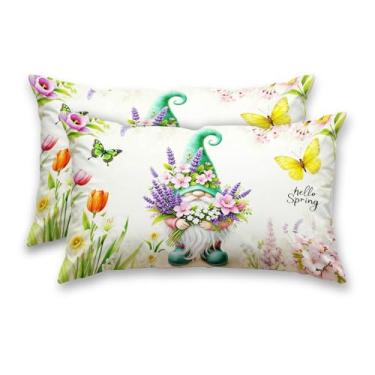 Imagem de HOMETITUTE Capas decorativas Hello Spring, pacote com 2 fronhas de cetim 30 x 50 cm, arte floral, gnomo, para sofá, sala de estar, fazenda, decorações de férias