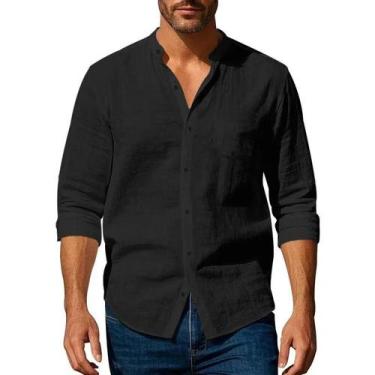 Imagem de Camisa Masculina Slim Fit De Algodão E Linho Com Gola Henley Leve Resp