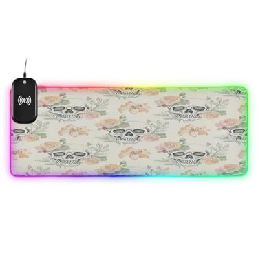 Imagem de CEBUGI Mouse pad de carregamento sem fio com flores de caveira 15 W rápido para jogos com 14 iluminação LED RGB para jogos, PC, laptop, mesa 90,9 x 39,9 cm