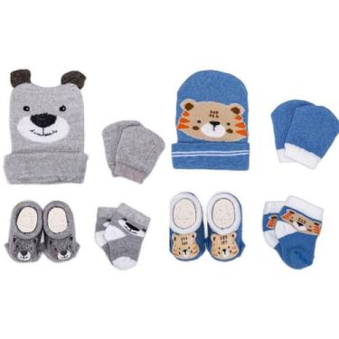 Imagem de 2 Conjuntos Bebê Recém-Nascido Touca Luva Meia e Pantufa Enxoval Menin